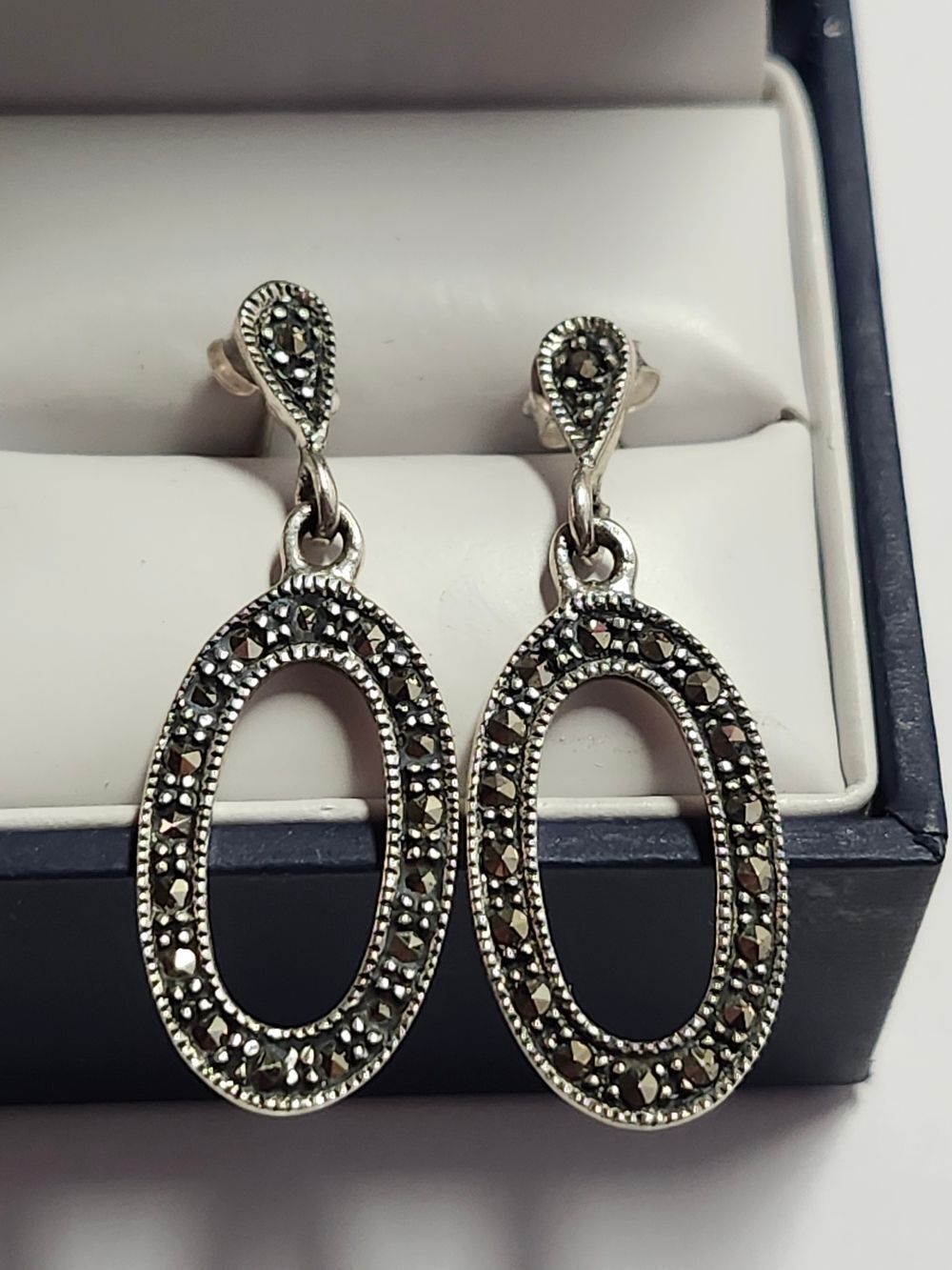 Sterling Silver Marcasite Oval Drop Earrings - Silver CW 925